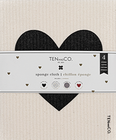 Flat lay image of Lots of Love 4 Pack on a white background. There is a Big Love Black on White sponge cloth with a belly band around it. The cloth has a white base with a big black heart in the middle. The Ten and Co. Logo is in the bottom right. The belly band is white with tiny hearts throughout. The Ten and Co. Logo is in black font along with descriptive text.