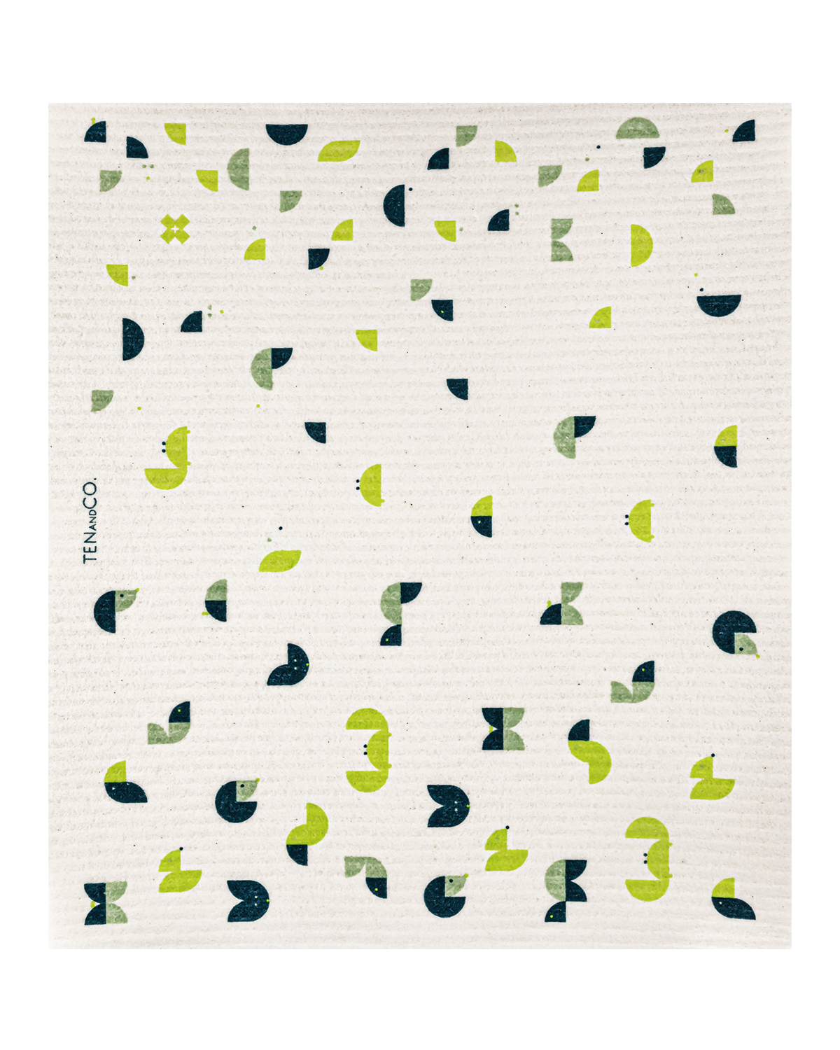 Flat lay image of LARGE Geo Animal Sponge Cloth Mat. The mat has a white base with different geo shaped animals in green and blue throughout. The Ten and Co. Logo is in tiny blue font in the middle on the top edge.