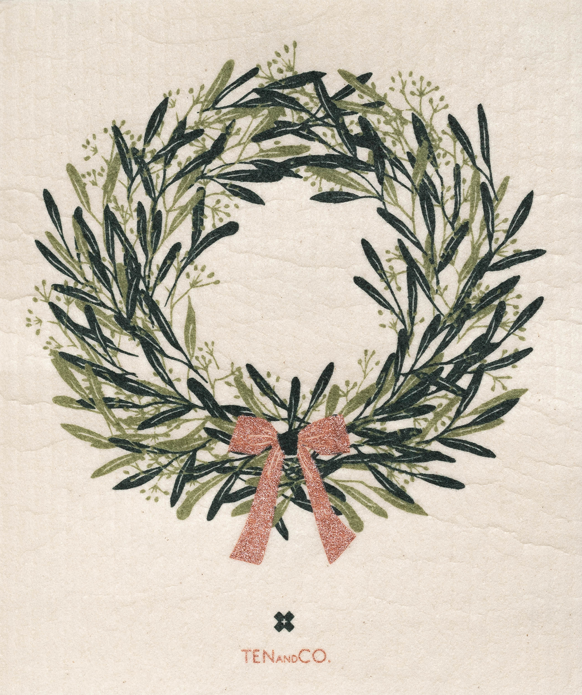 Dark green and olive green rosemary branches formed into a holiday wreath with a shimmery red bow at the bottom of the wreath.
