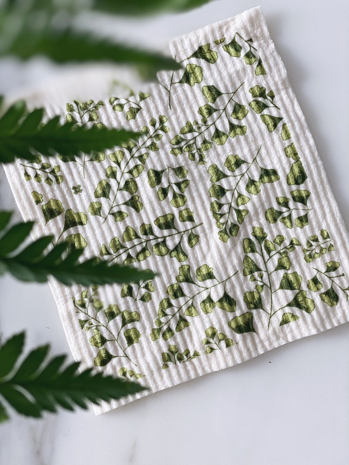Product image of Fern Sponge Cloth on a white marble surface. In the blurry foreground there is a green plant. In the focused background there is the wet Fern Sponge cloth. 