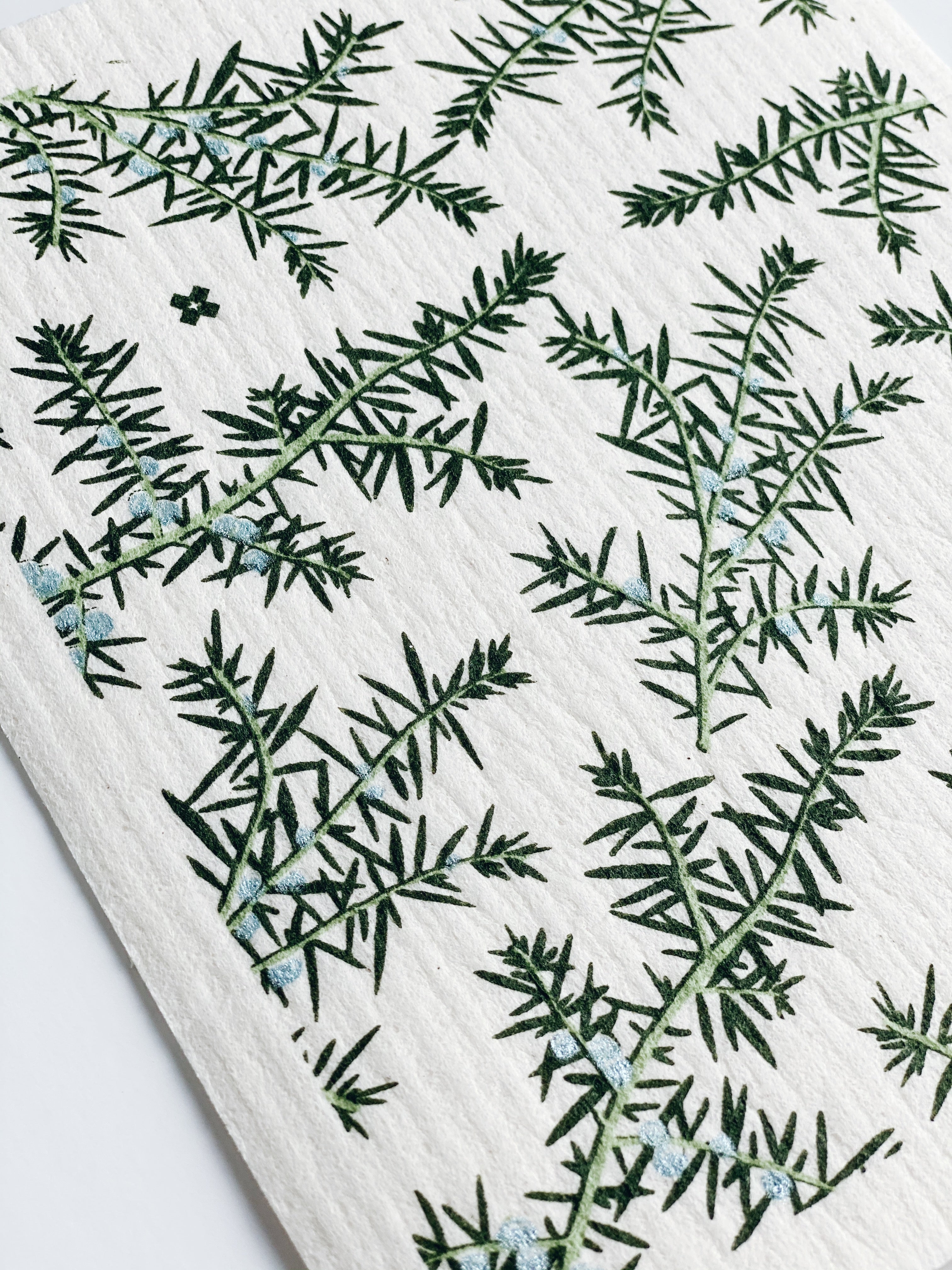 Close up product image of Juniper Greens on White sponge cloth.
