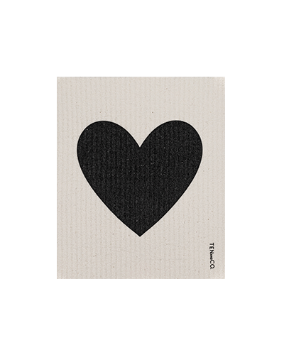 Flat lay image of Lots of Love 4 pack. In this image is a flat lay of the Big Love Black on White. The base of the cloth is white with a large solid black heart. The Ten and Co. Logo is in the bottom right in black font.