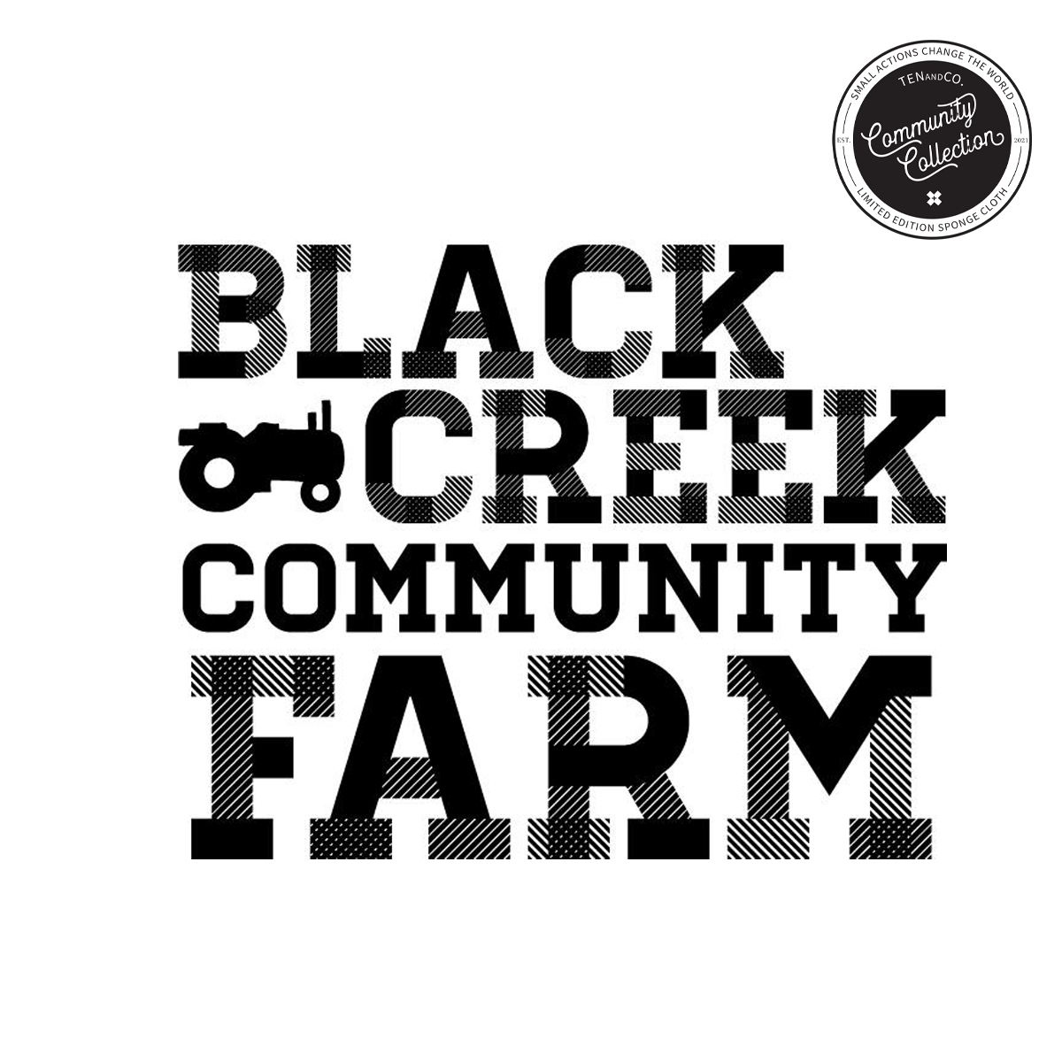 Image of The Black Creek Community Farm logo in black font. There is a little black animated tractor beside Creek. In the top right corner is the “Community Collection” logo. 