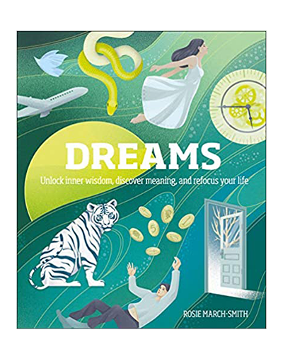 Flat lay image of Dreams book by Rosie March-Smith. Background of the book is an abstract wave pattern in multiple shades of teal. The title is bolded in the center in white. Around the title are a variety of images, mostly in white, teal and yellow colours. Some images are a plane, a snake, a tiger, a clock and more.