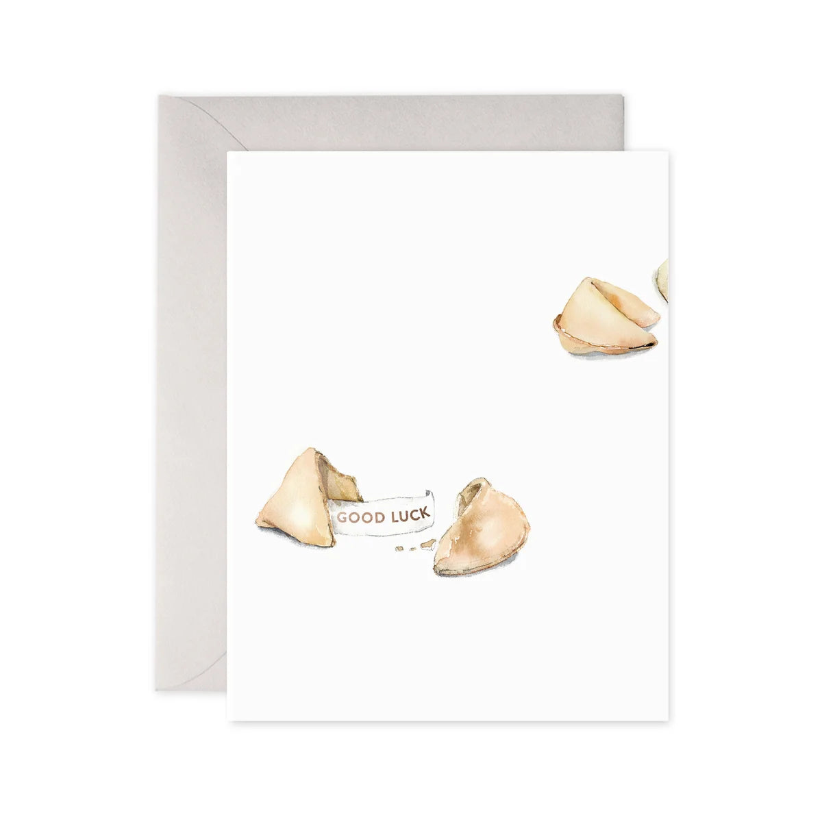 Flat lay Image of fortune cookie on white card paper, grey envelope.