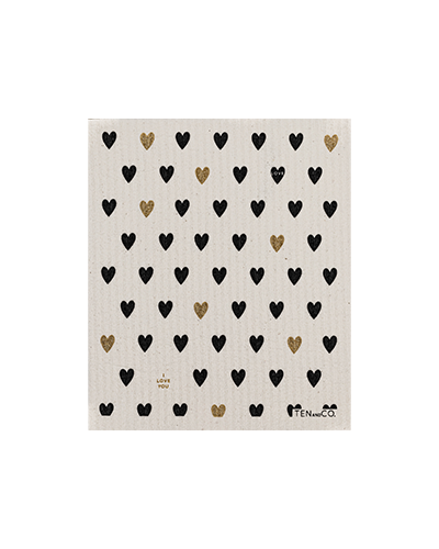 Flat lay image of Lots of Love 4 pack. In this image is a flat lay of the Heart Gold and Black sponge cloth. There are tiny gold and black hearts throughout. There is a small “I love you” in gold font towards the bottom. The Ten and Co. Logo is in the bottom right in black font.