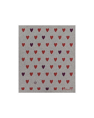 Flat lay image of Lots of Love 4 pack. In this image is a flat lay of the Heart Coral on Grey. There are red and purple tiny hearts throughout. There is a small “I love you” in purple font towards the bottom. The Ten and Co. Logo is in the bottom right in red font.