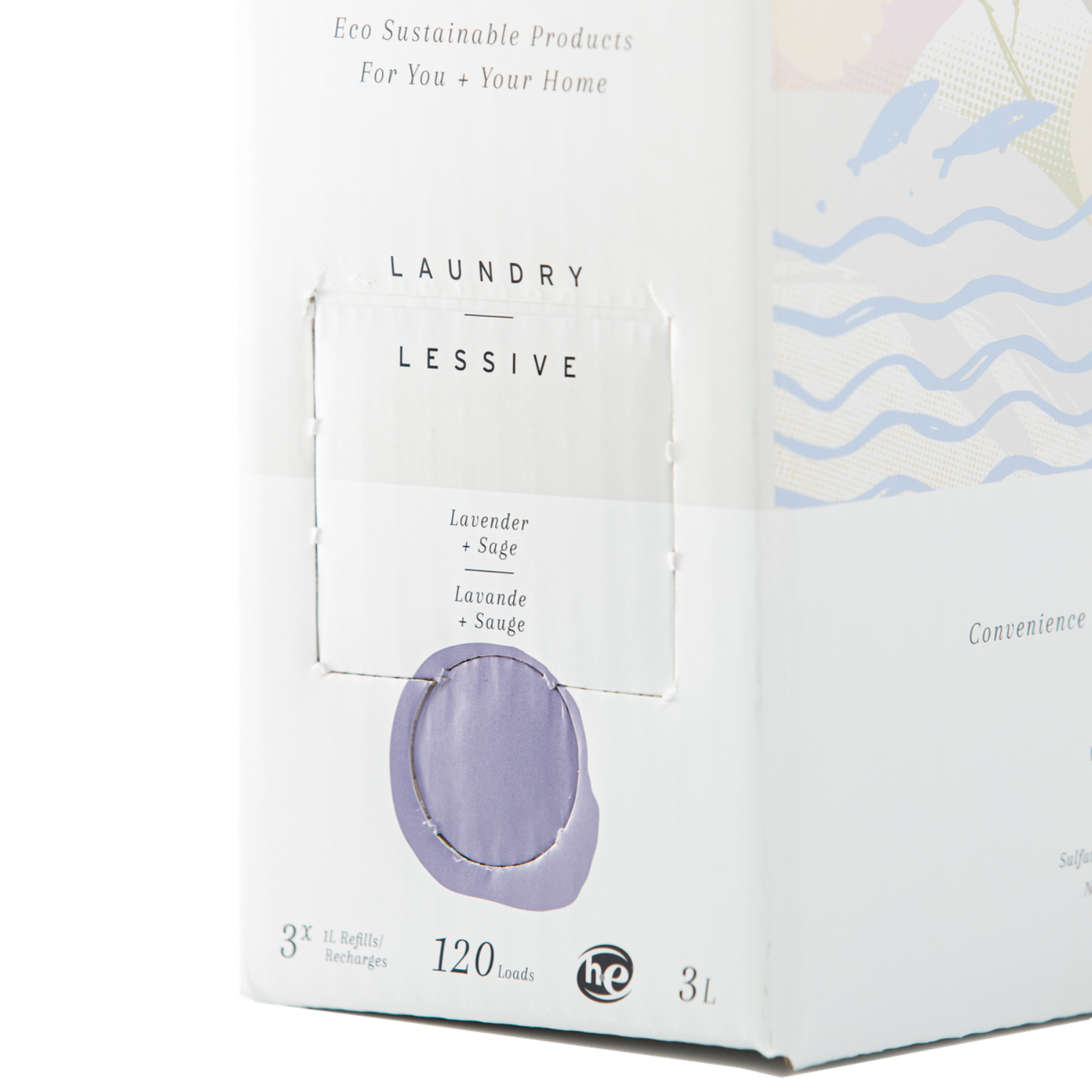 Close up image of Lavender + Sage Laundry Detergent 3 Litre Refill Box on a transparent background. The refill box is rectangle and has a white base. It has a perforated square and circle that you can punch out for the spout. It has an artsy image on the side of the box. You can see a close up of the perforated square and circle. You can do 120 loads. 